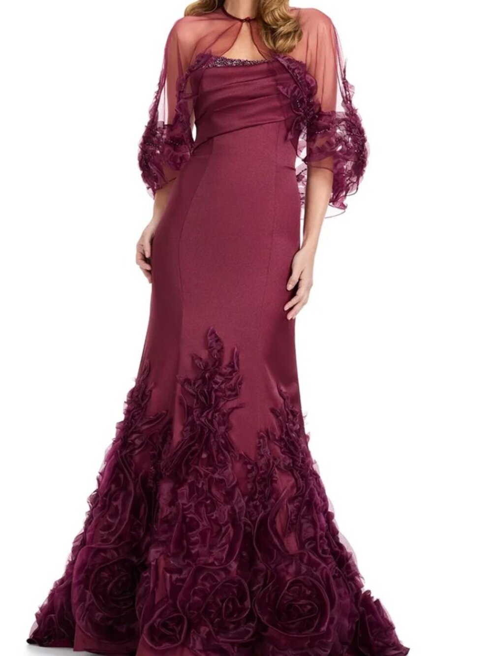 NWT Ashley Lauren E12123 Illusion Cape Floral Applique Dress Wine size 16
